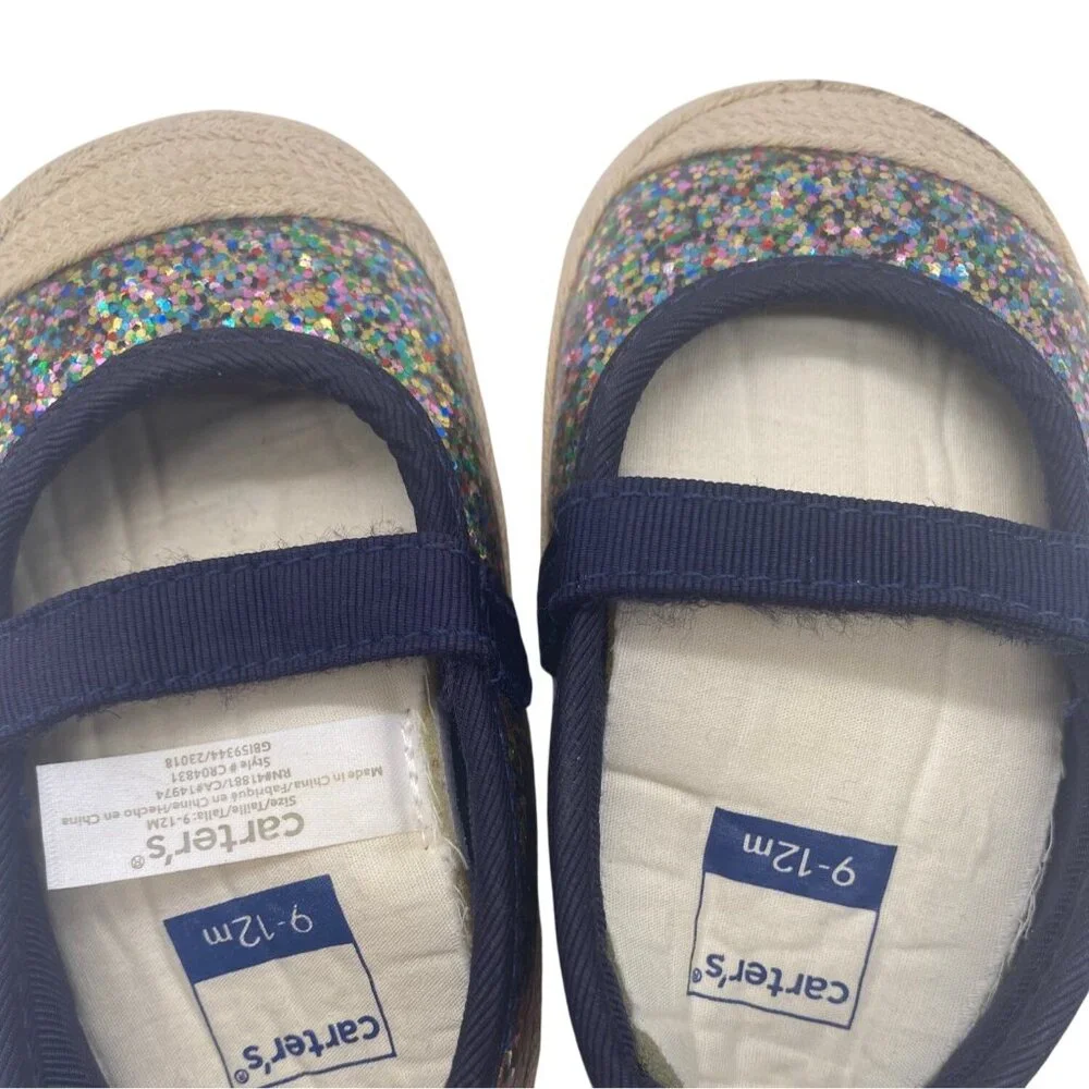 Carters Baby Girl‎ Glitter Mary Jane Shoes 9-12 Months Blue  Jute Sole Non Slip